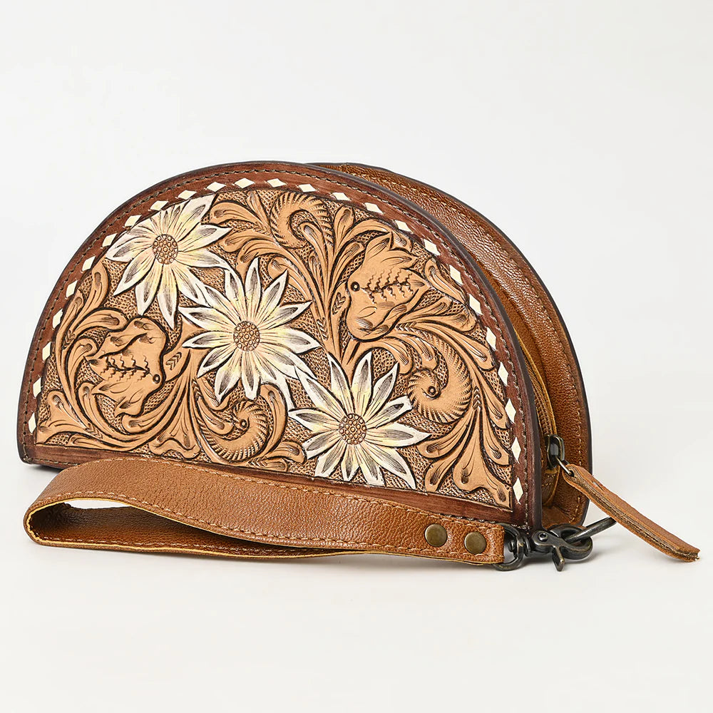 American Darling Taco Hand Tooled Western Bag. Brown leather pouch with floral patterns on a white background