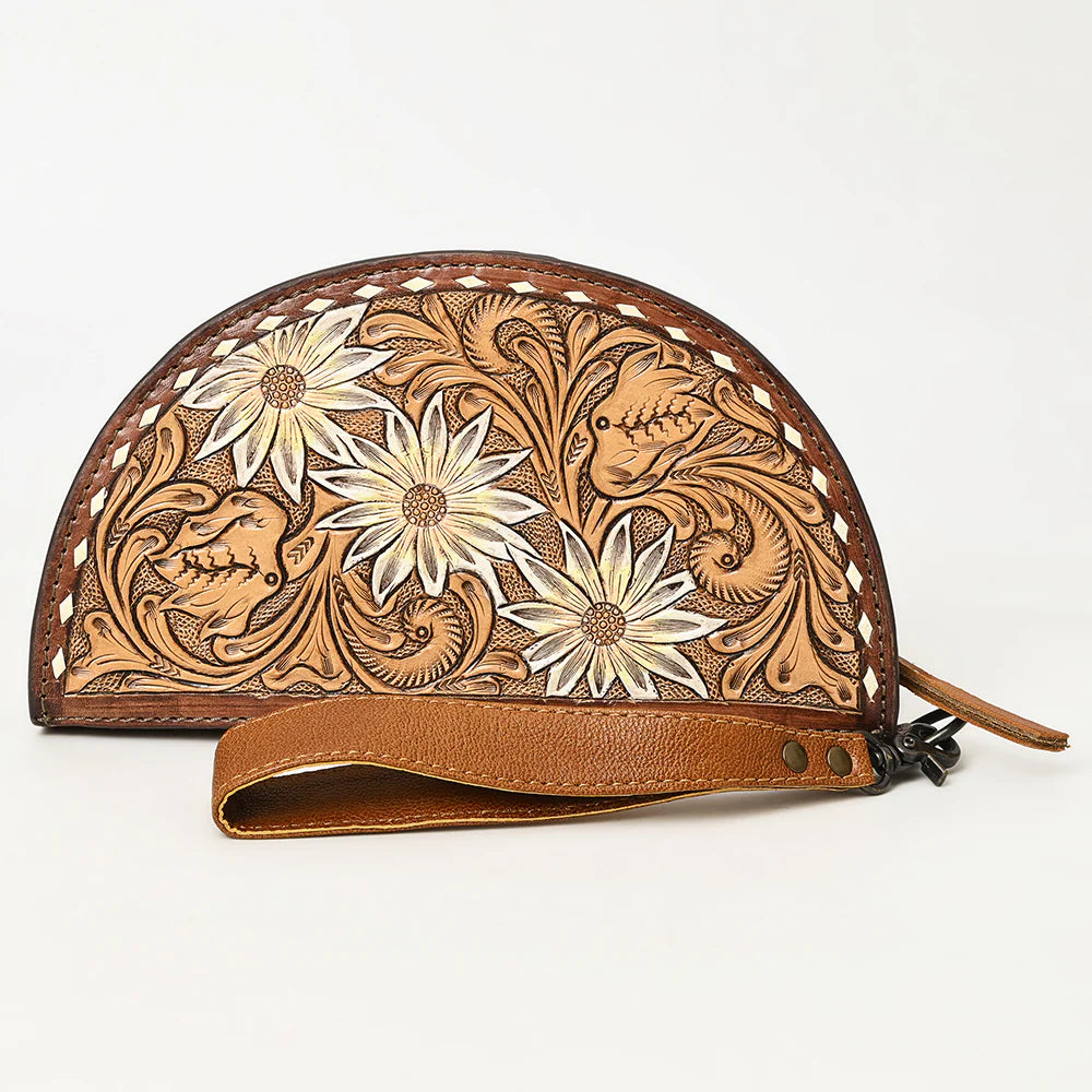 American Darling Taco Hand Tooled Western Bag. Brown leather pouch with floral patterns on a white background