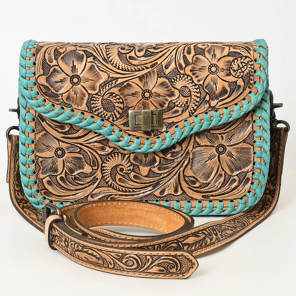American Darling ooled Leather Crossbody Bag with Whipstitch Trim. Handcrafted leather bag with turquoise accents on a white background