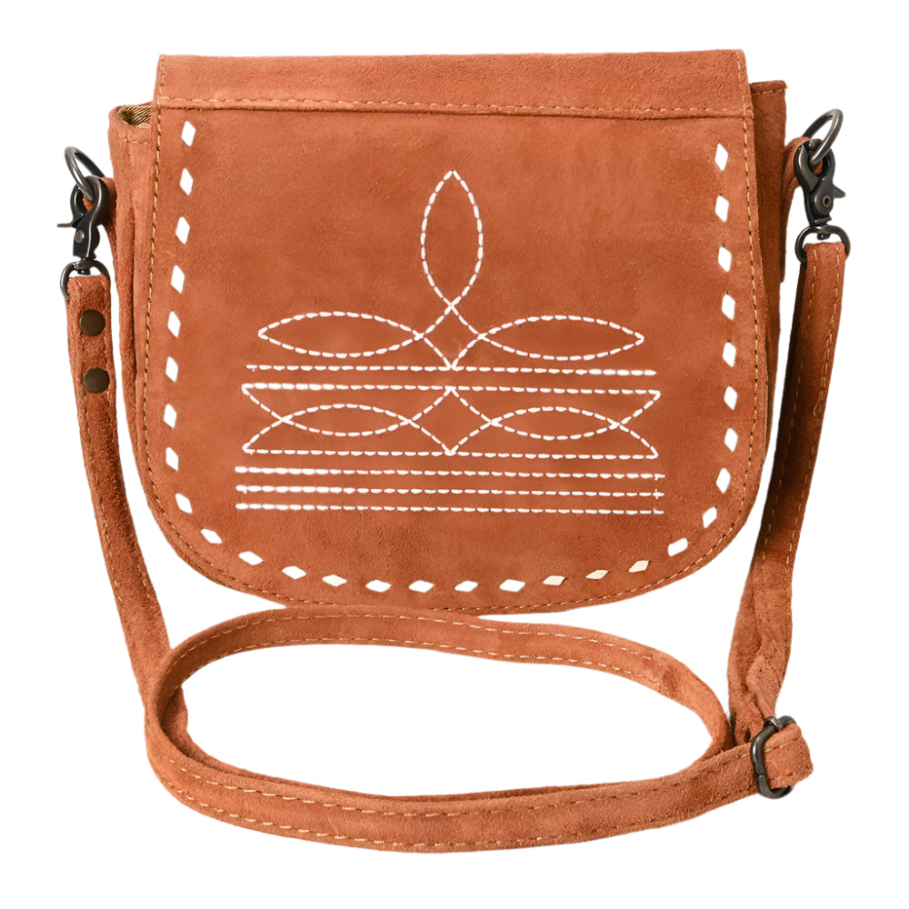 American Darling suede Brown crossbody bag with white embroidery on a white background