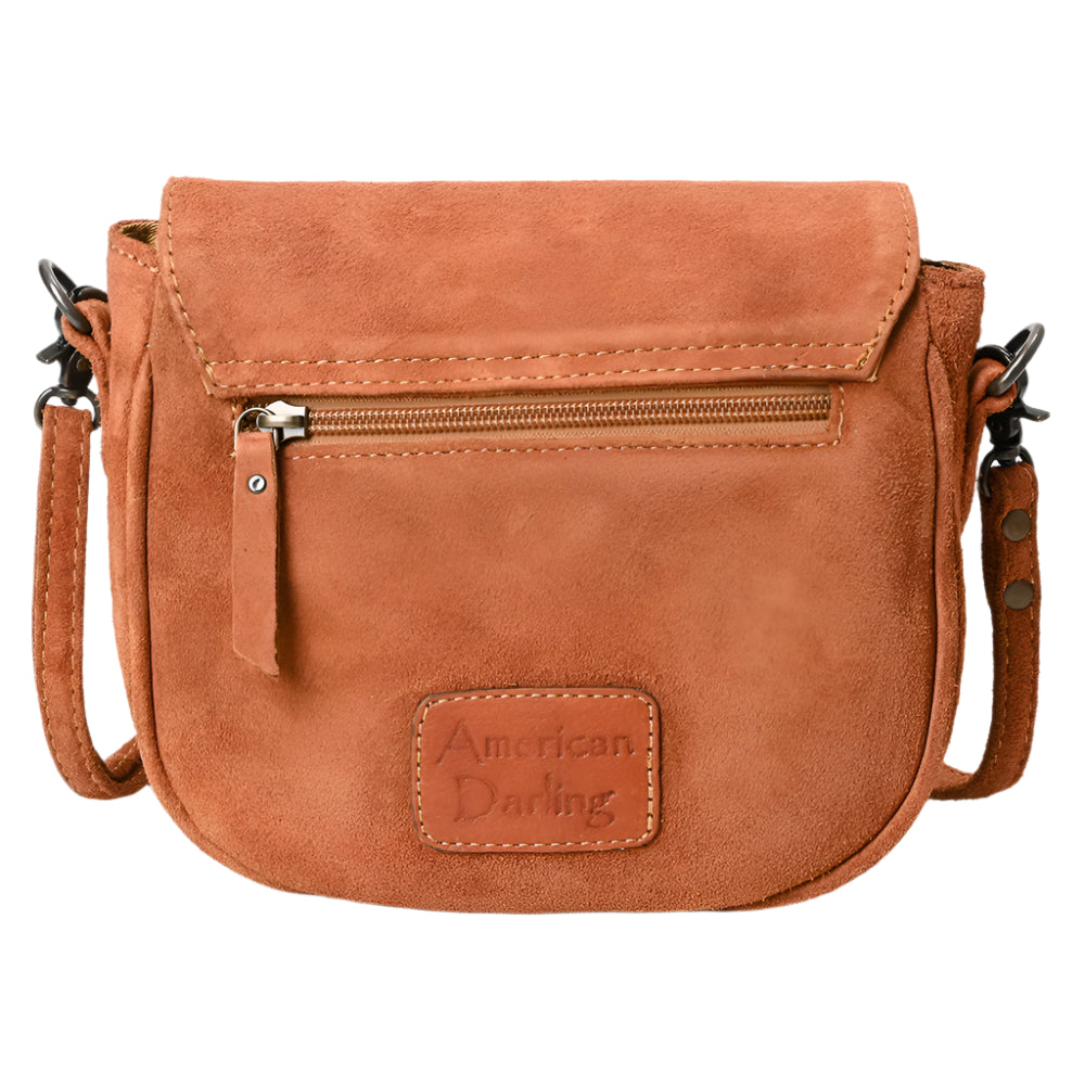 American Darling suede brown leather bag with zippered pocket on a white background