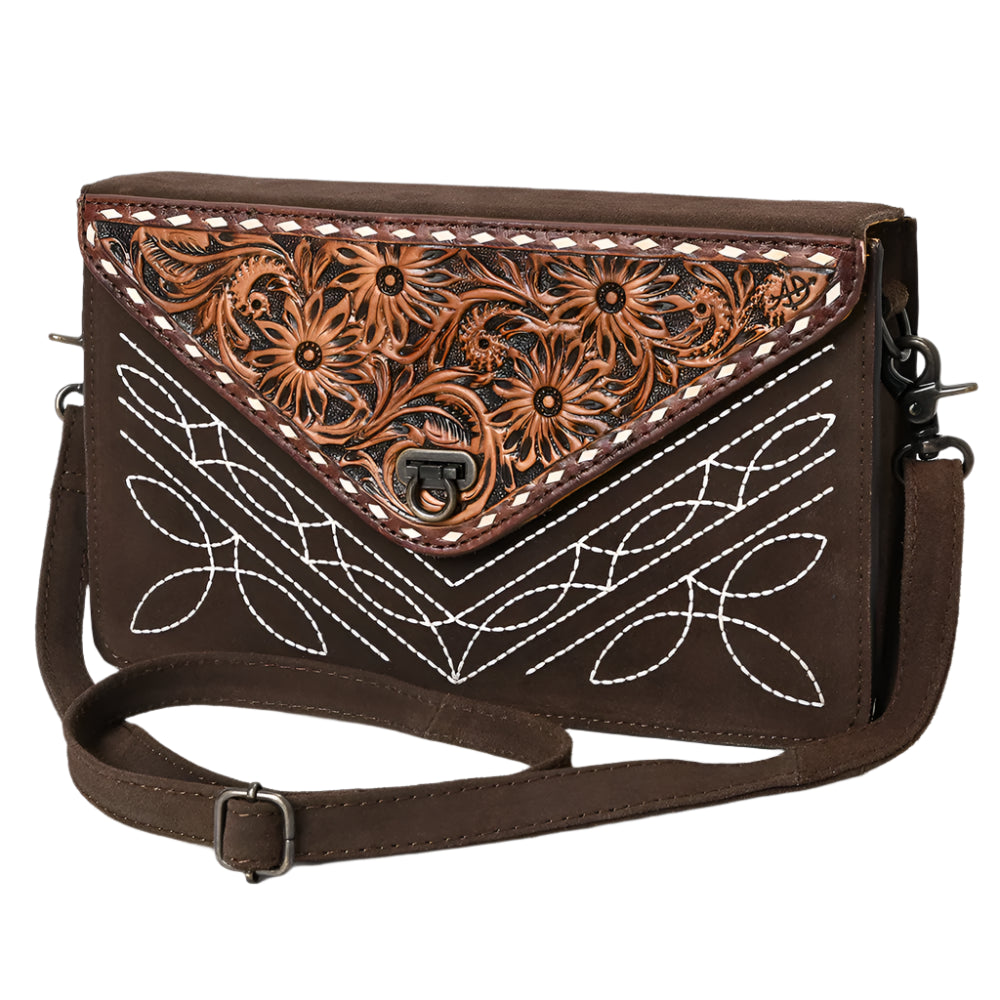 American Darling suede brown women's envelope handbag with floral embossing and a shoulder strap.