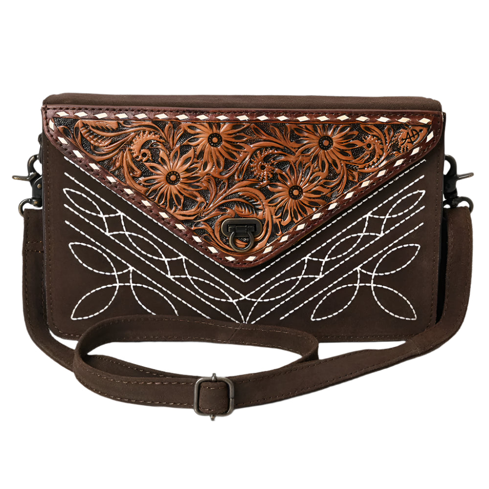 American Darling suede brown women's envelope handbag with floral embossing and a shoulder strap.