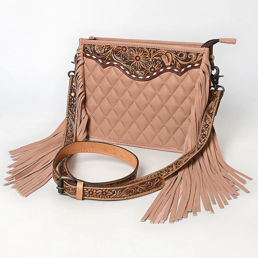 American Darling Pink Quilted Crossbody Western Bag. Beige handbag with intricate leatherwork and fringes on a white background