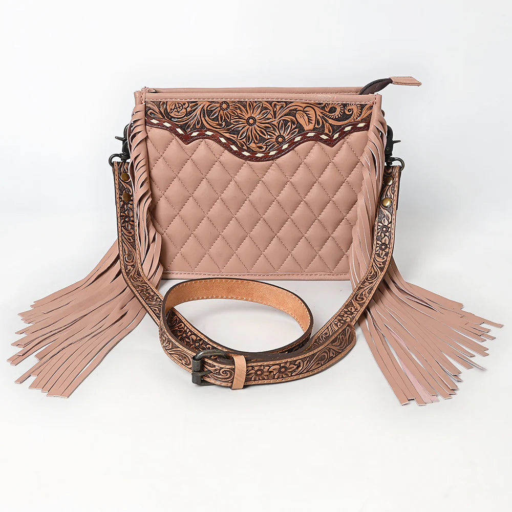 American Darling Pink Quilted Crossbody Western Bag. Quilted handbag with decorative strap and tassels on a white background