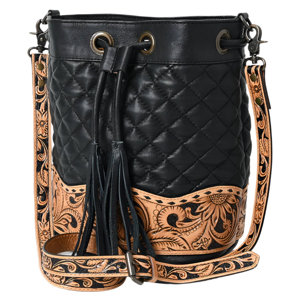 American Darling Black quilted leather western style bucket bag with intricate brown tooled leather strap on a white background