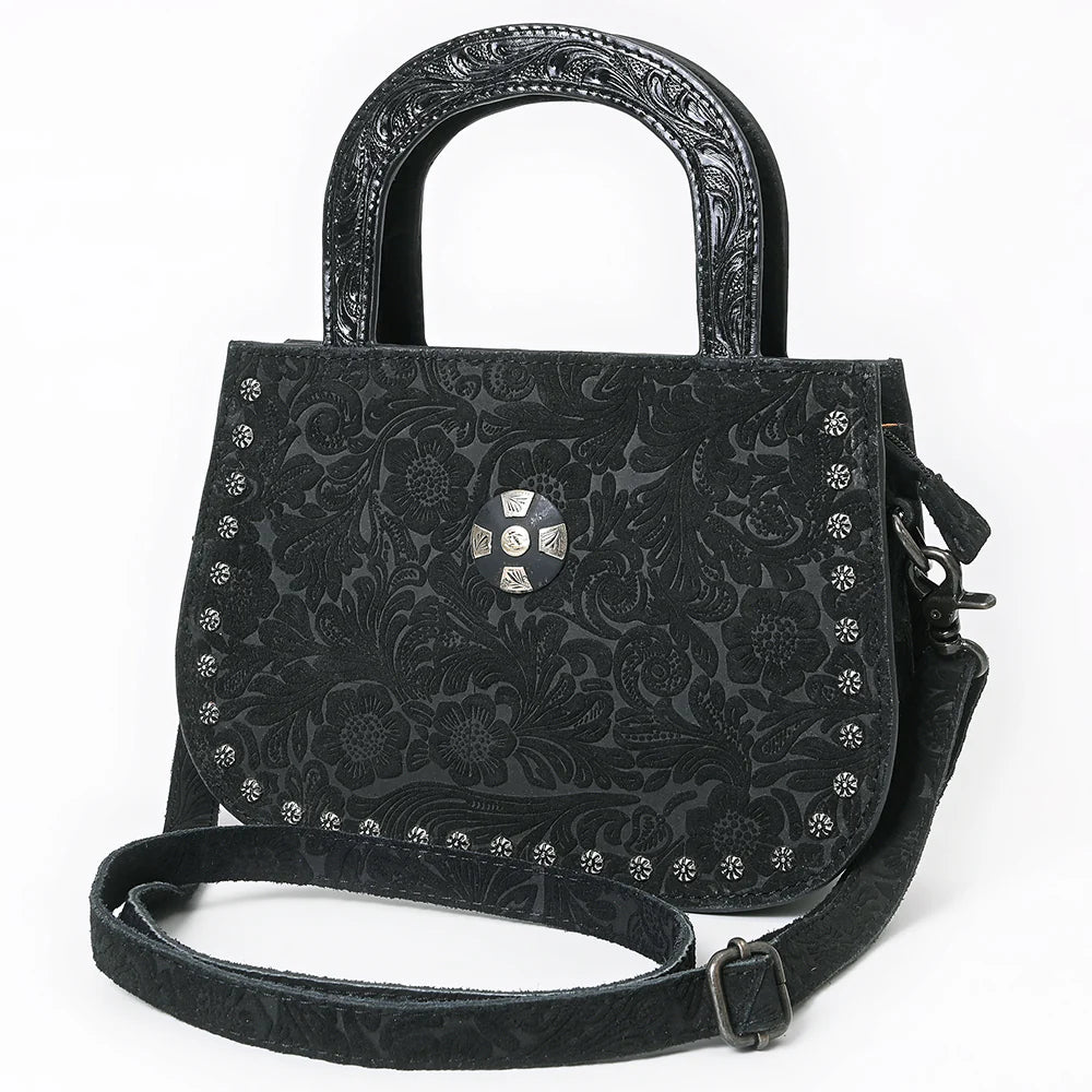 American Darling Suede Western Tote. Black floral patterned handbag with decorative handle on a white background