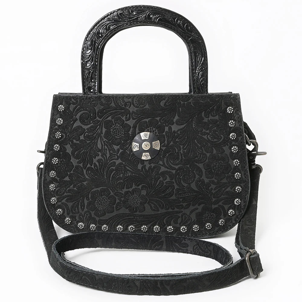 American Darling Suede Western Tote. Black floral-patterned handbag with decorative studs on a white background