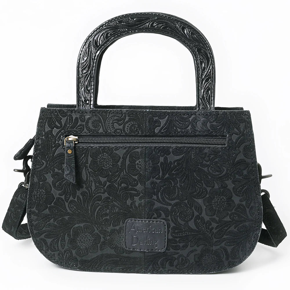 American Darling Suede Western Tote. Black floral patterned handbag with American Darling logo on a white background