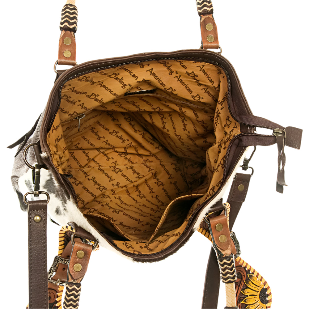 American Darling Brown leather western handbag with patterned interior on a white background