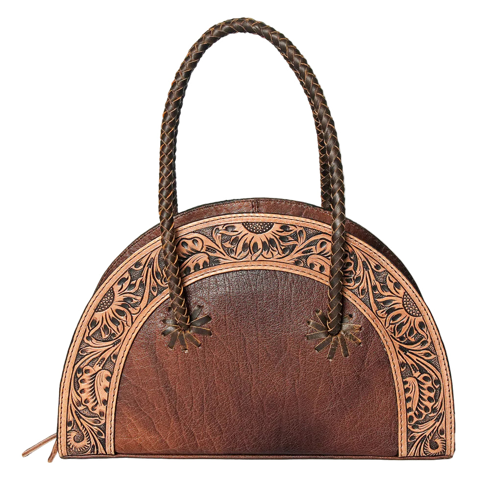 American Darling Tooled & Hide Western Tote. Brown leather handbag with intricate patterns and braided handle on a white background