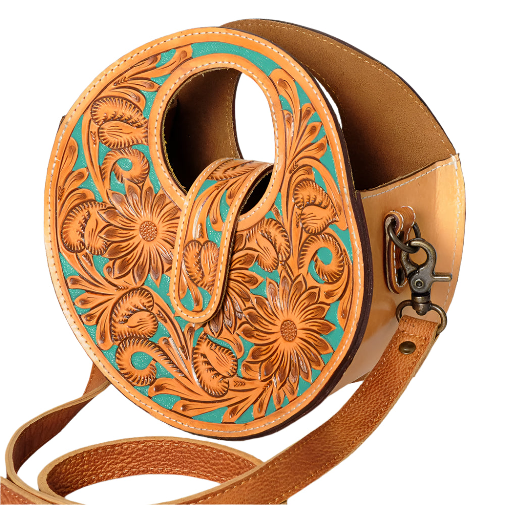 American Darling tooled round western bag with turquoise accents and long strap on a white background