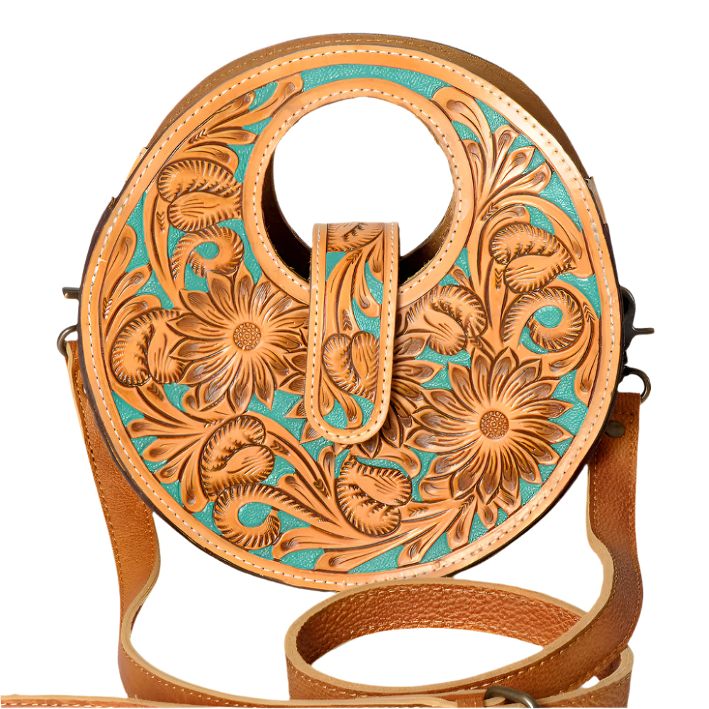 American Darling tooled round western bag with turquoise accents and long strap on a white background