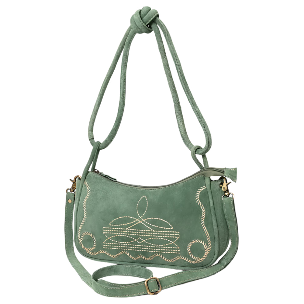 A green American Darling women's crossbody handbag with floral embroidery and an adjustable shoulder strap.