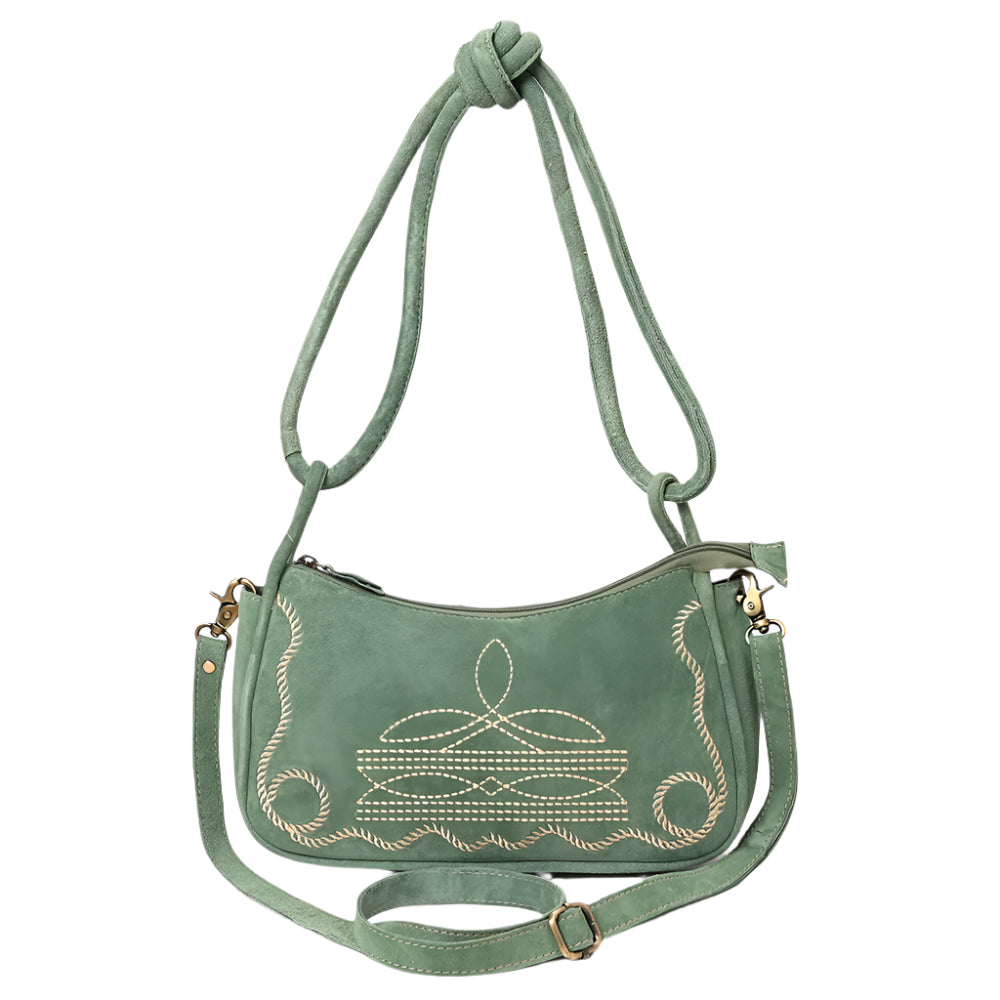 A green American Darling women's crossbody handbag with floral embroidery and an adjustable shoulder strap.