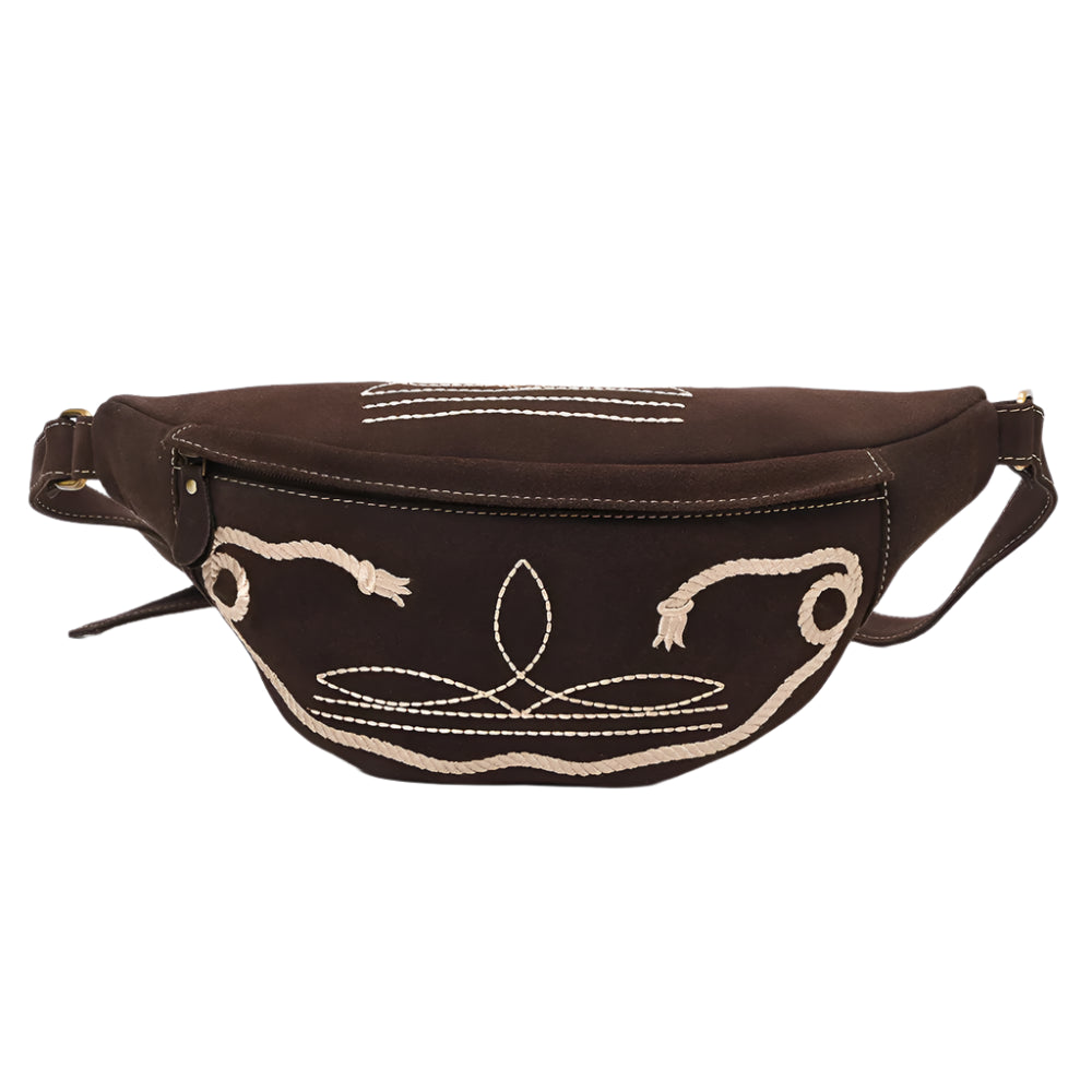 An American Darling brown western style fanny pack with a boot stitch pattern in white and beige on the front, featuring an adjustable shoulder strap and metal zipper.