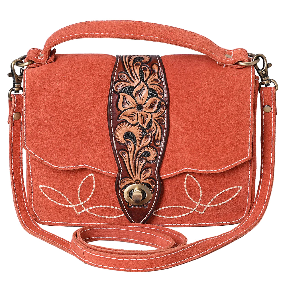 American Darling Burnt Orange Suede Western Shoulder Bag. Orange handbag with floral tooled leather strap on a white background