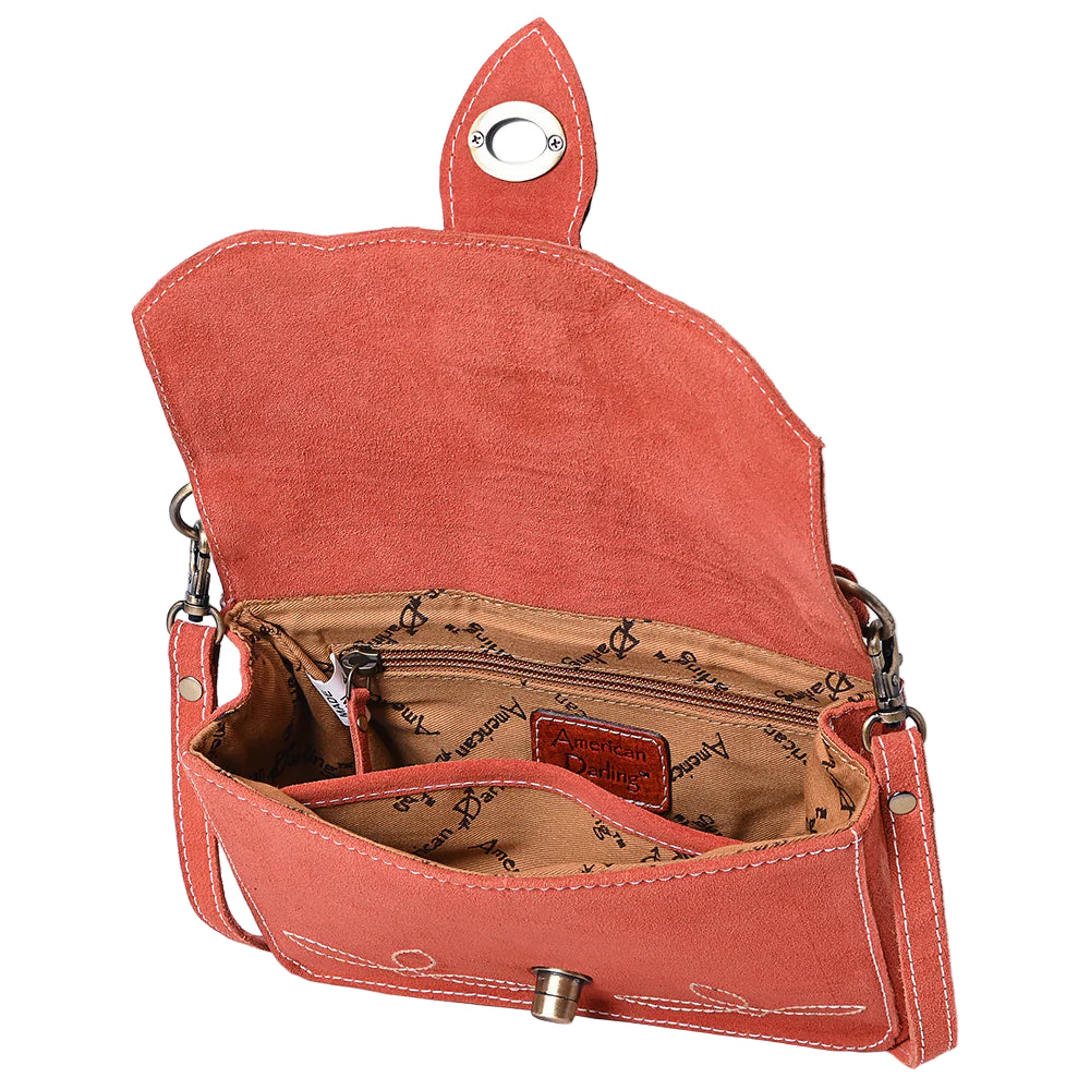 American Darling Burnt Orange Suede Western Shoulder BagOpen orange handbag with visible interior on a white background 