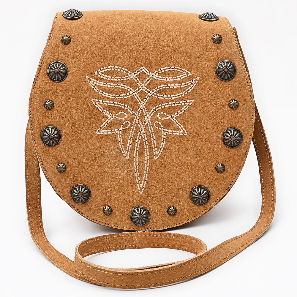 American Darling Suede Boot Stitch Western Handbag. Brown leather bag with floral embroidery and decorative studs on a white background