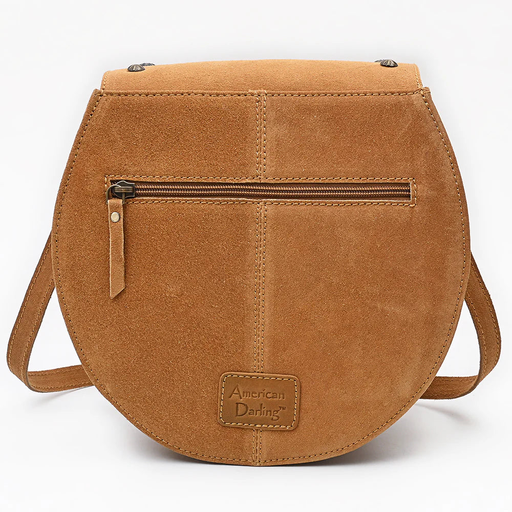 American Darling Suede Boot Stitch Western Handbag. Brown leather bag with floral embroidery and decorative studs on a white background