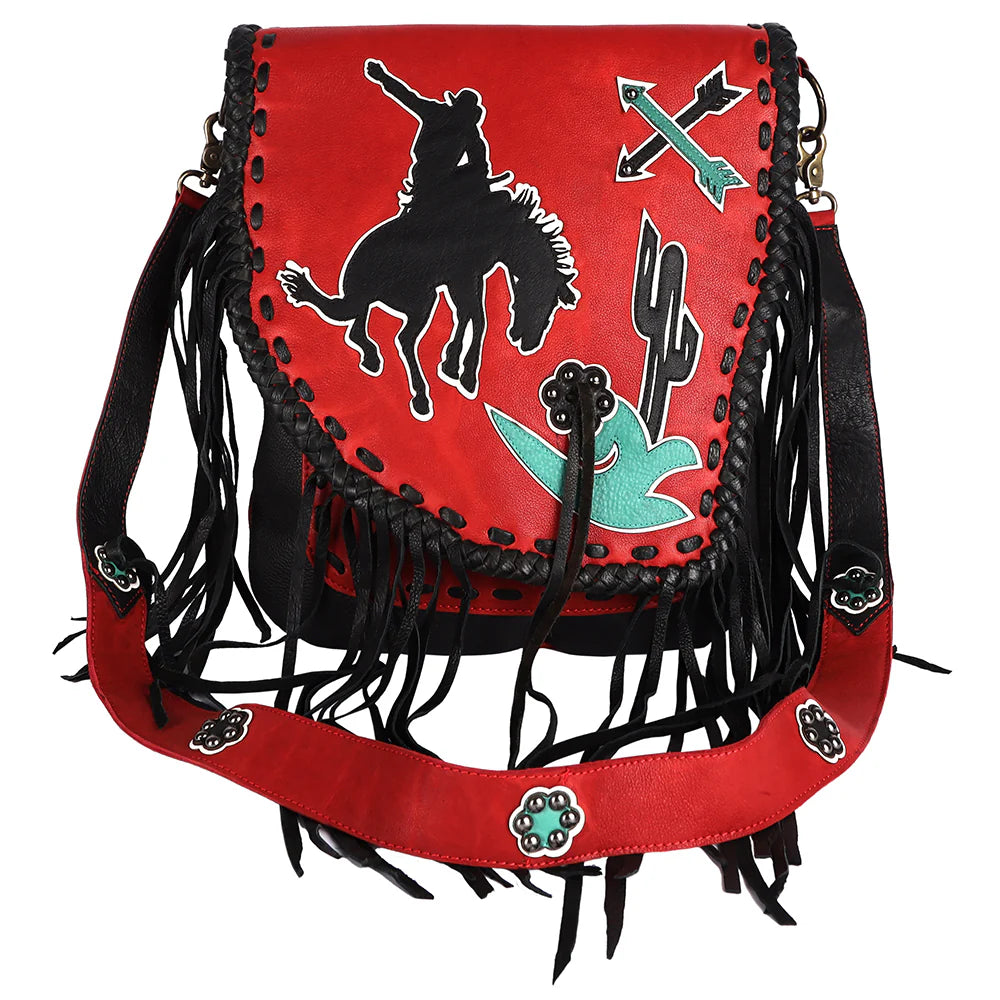 American Darling Cowgirl Statement Western Rodeo Messenger Bag. Red leather bag with black fringe, horse silhouette, and cactus design on a white background