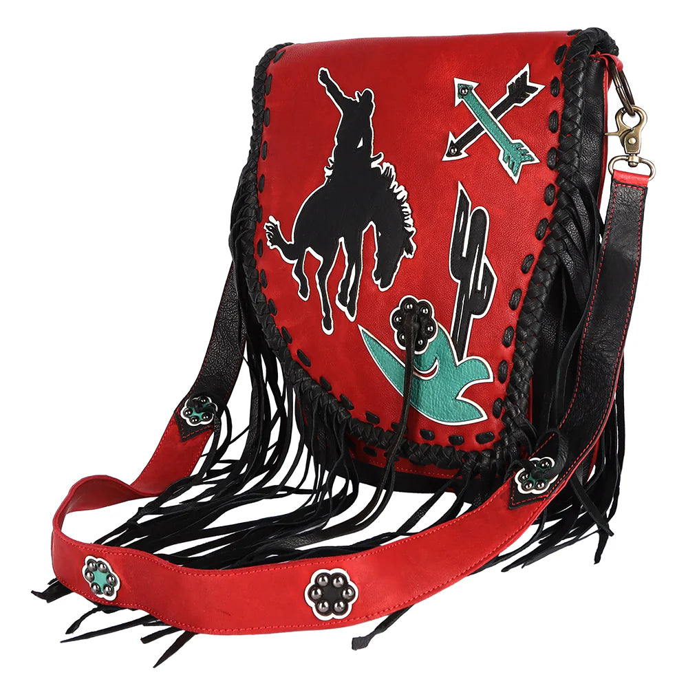 American Darling Cowgirl Statement Western Rodeo Messenger Bag. Red leather bag with black fringe, horse silhouette, and cactus design on a white background