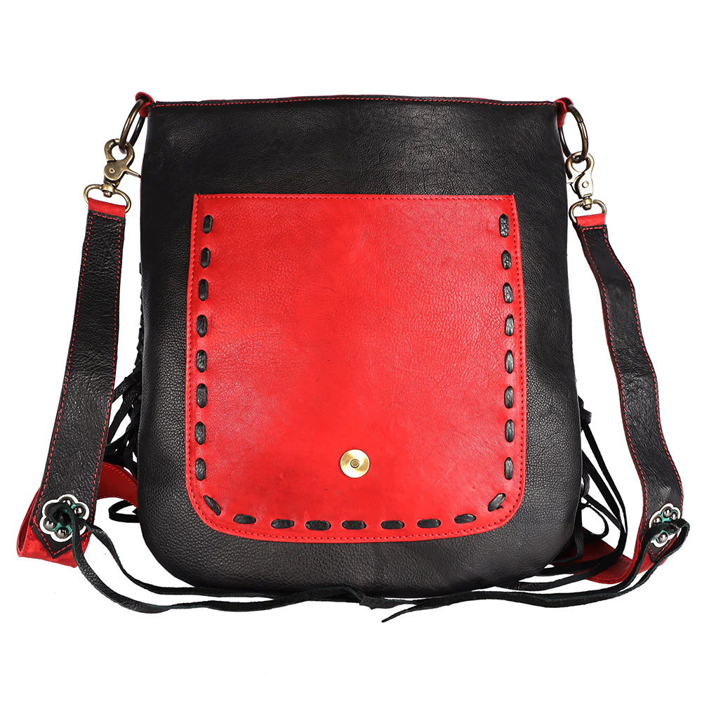 American Darling Cowgirl Statement Western Rodeo Messenger Bag. Black and red leather bag with studded detail on a white background