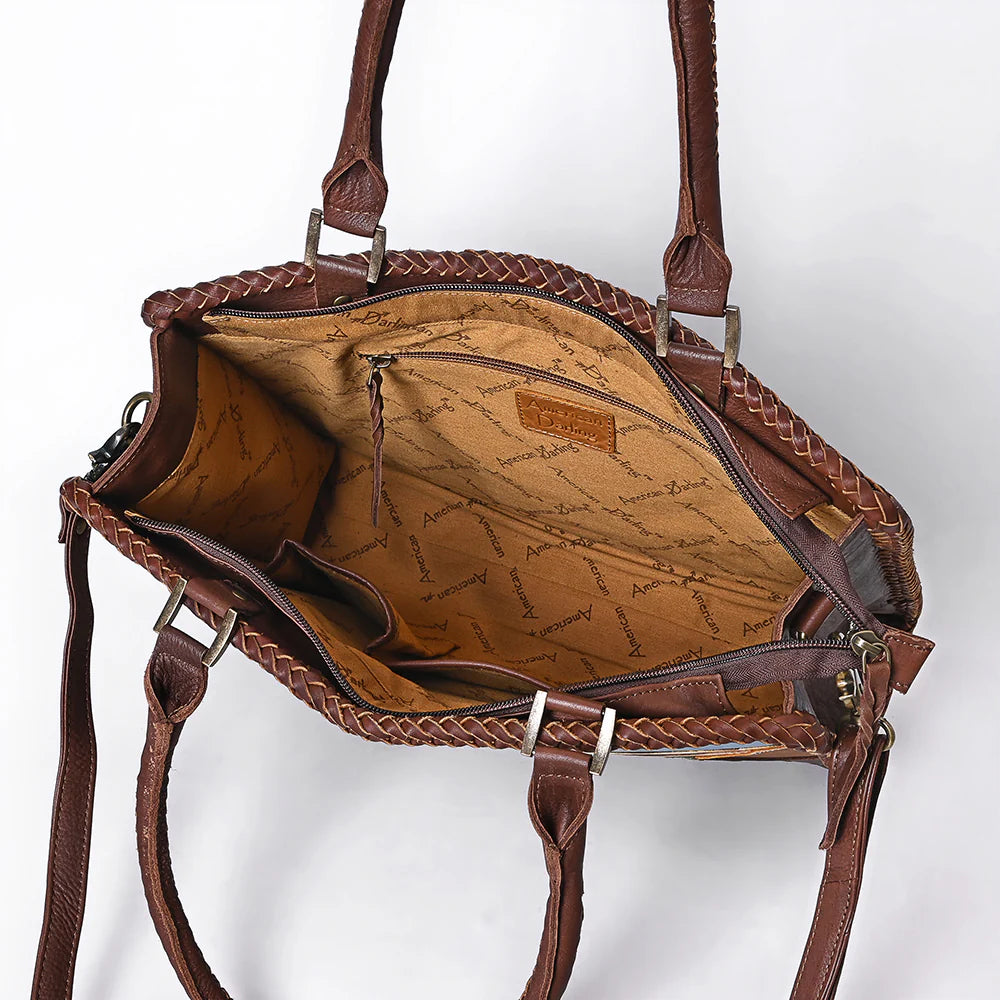 American Darling Desert Road Applique Western Tote. Brown leather handbag with braided handle on a white background