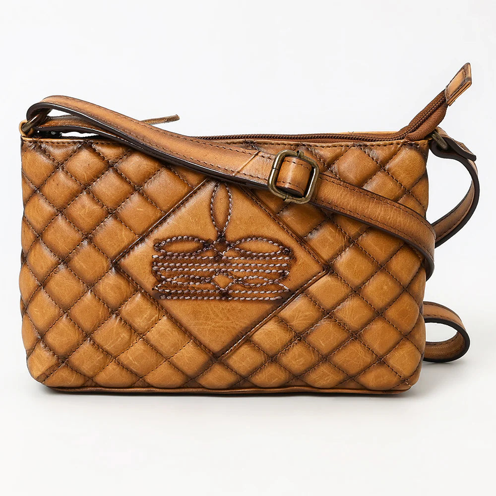American Darling Western Stitch Quilted Tan Leather Crossbody Bag. Brown quilted handbag with a visible brand logo on a white background