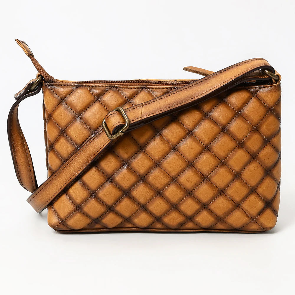 American Darling Western Stitch Quilted Tan Leather Crossbody Bag. Brown quilted handbag with a strap on a white background