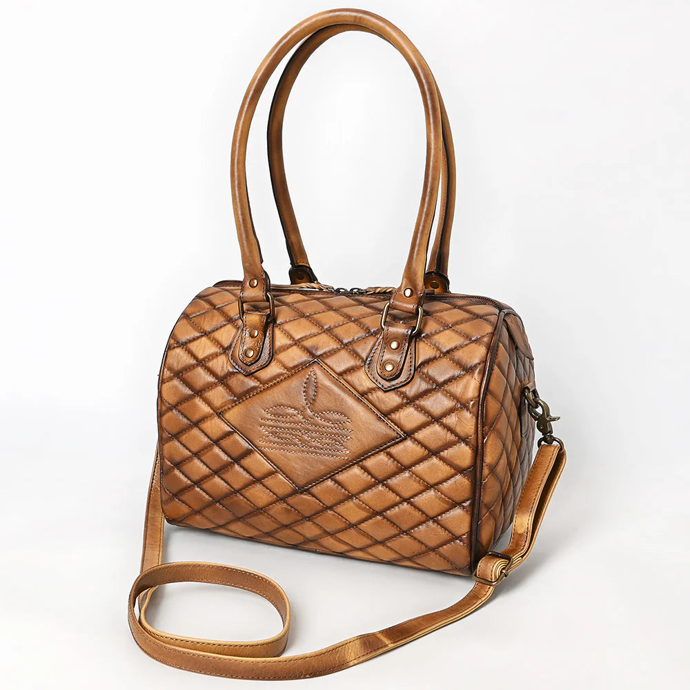 American Darling Western Stitch Quilted Barrel Duffel Bag with Dual Handles. Brown quilted handbag with a visible brand logo on a white background
