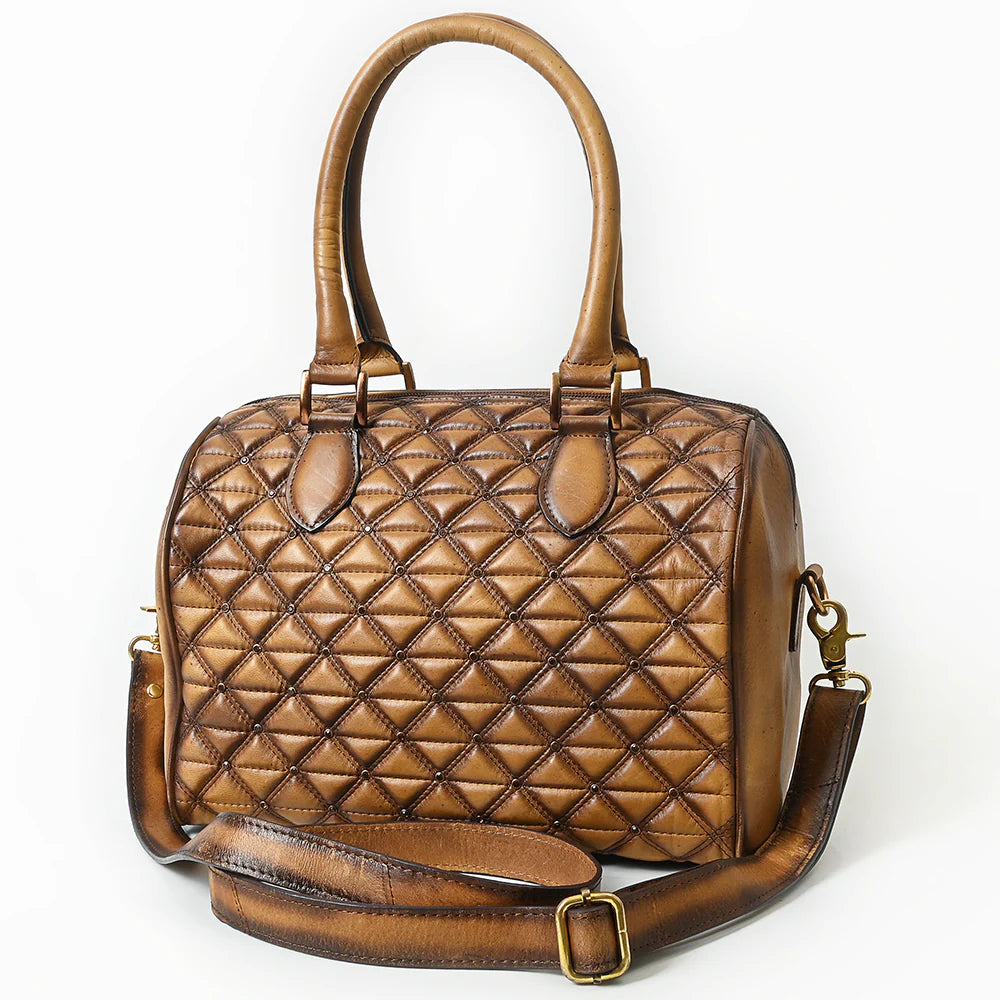 American Darling Genuine Leather Western Duffel Bag. Brown quilted handbag with a strap on a white background