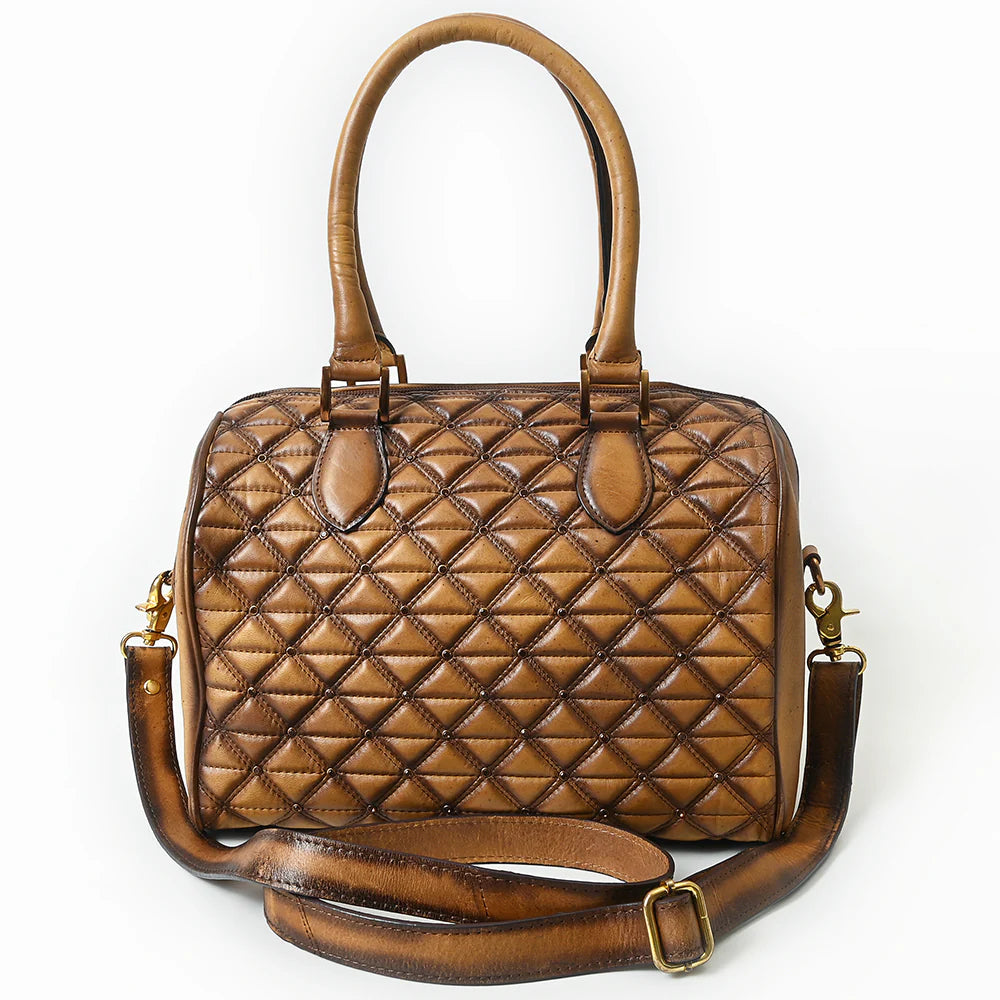 American Darling Genuine Leather Western Duffel Bag. Brown quilted handbag with a strap on a white background
