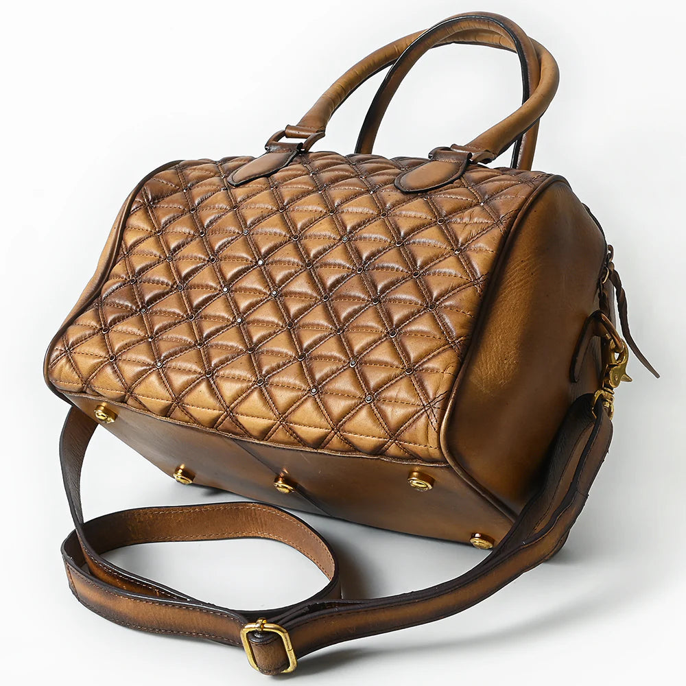 American Darling Genuine Leather Western Duffel Bag. Brown quilted leather handbag on a white background