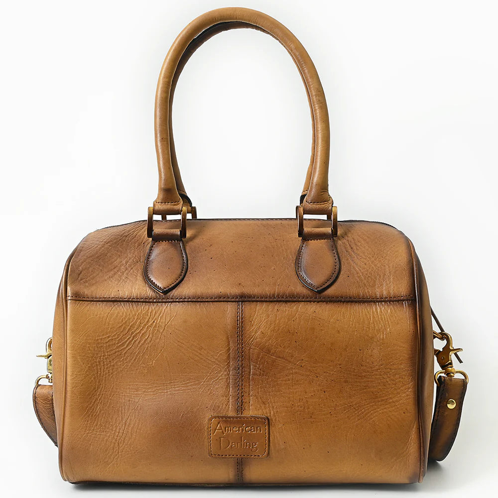 American Darling Genuine Leather Western Duffel Bag. Brown leather handbag with a visible brand logo on a white background