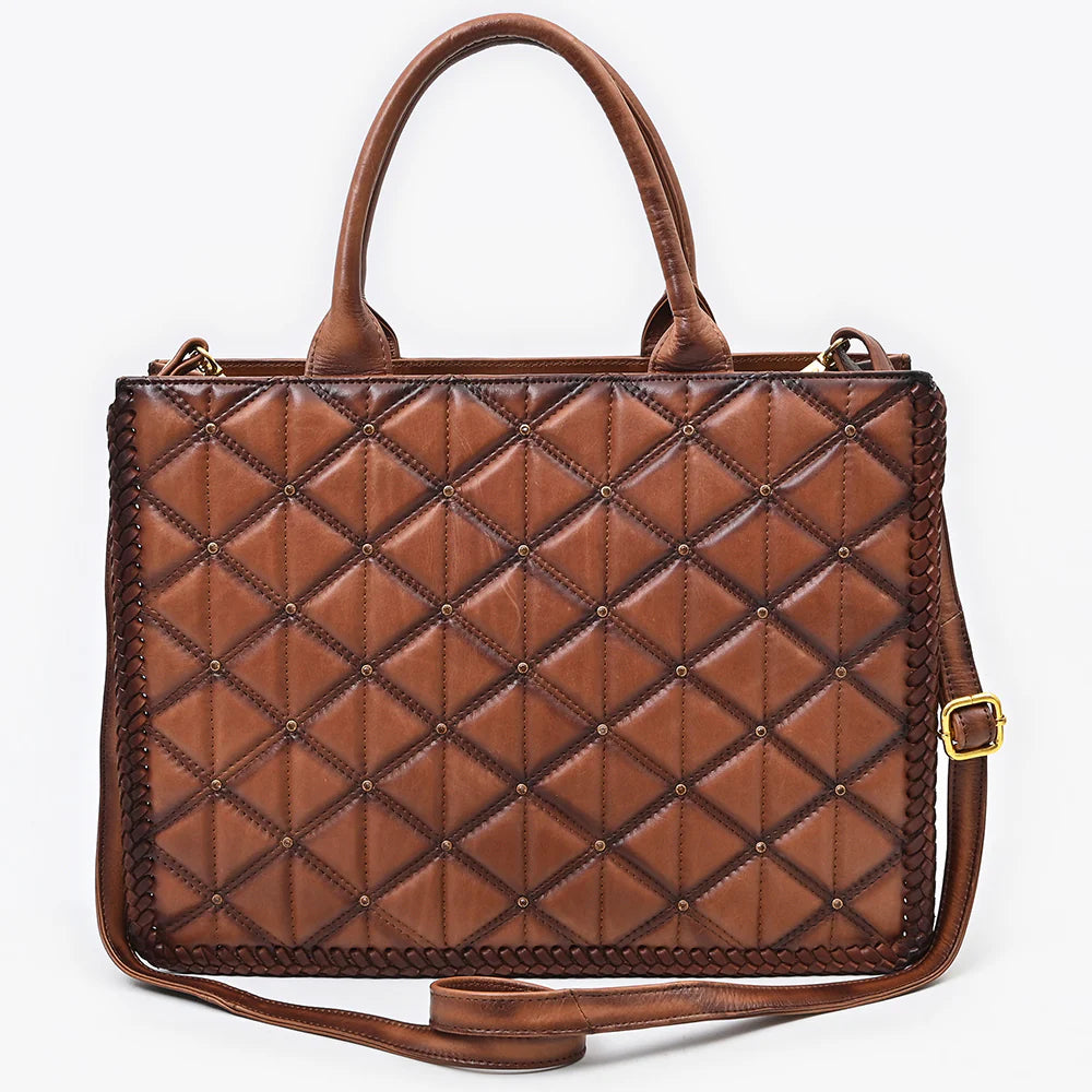 American Darling Western Genuine Leather Quilted Tote. Brown quilted handbag with a gold clasp on a white background