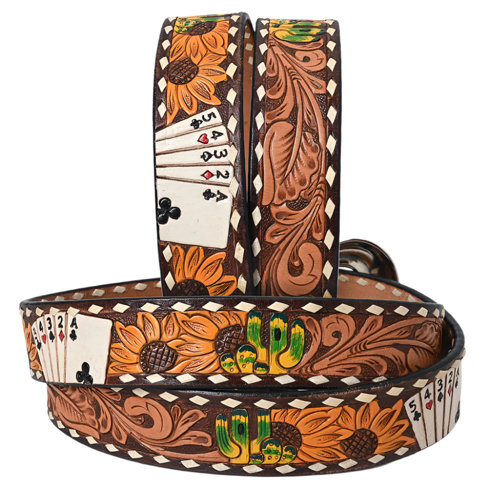 American Darling Decorative western belt with playing card design and floral patterns on a white background