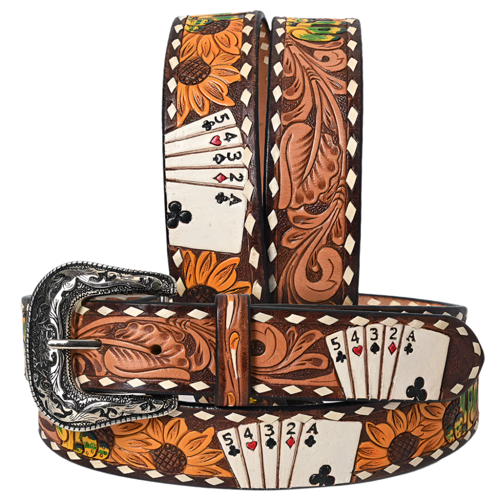 American Darling Decorative western belt with playing card design and floral patterns on a white background