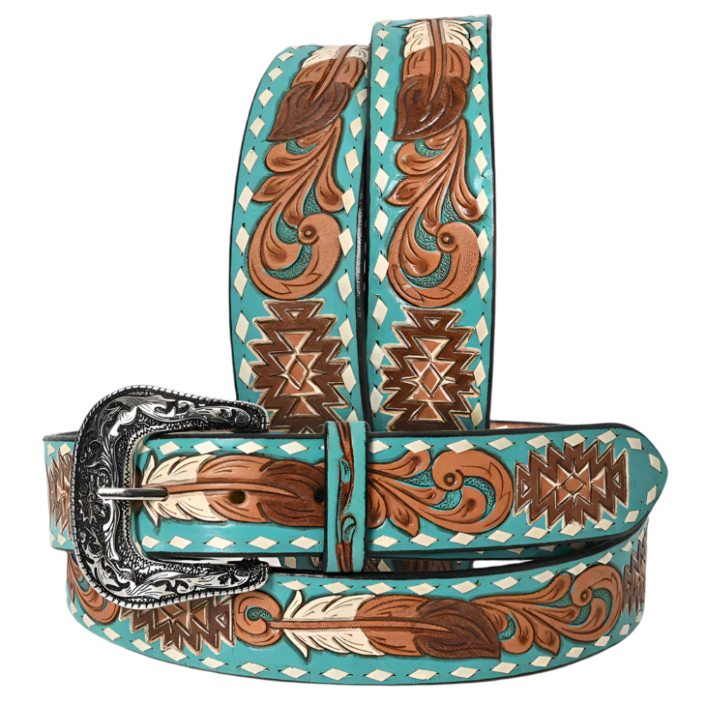 American Darling turquoise tooled leather western belt with intricate brown and white patterns and a silver buckle on a white background