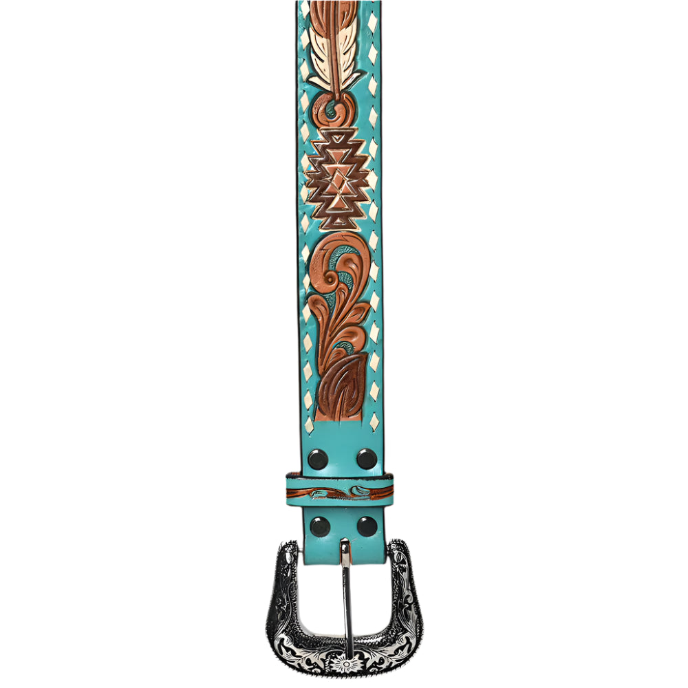 American Darling turquoise tooled leather western belt with intricate brown and white patterns and a silver buckle on a white background