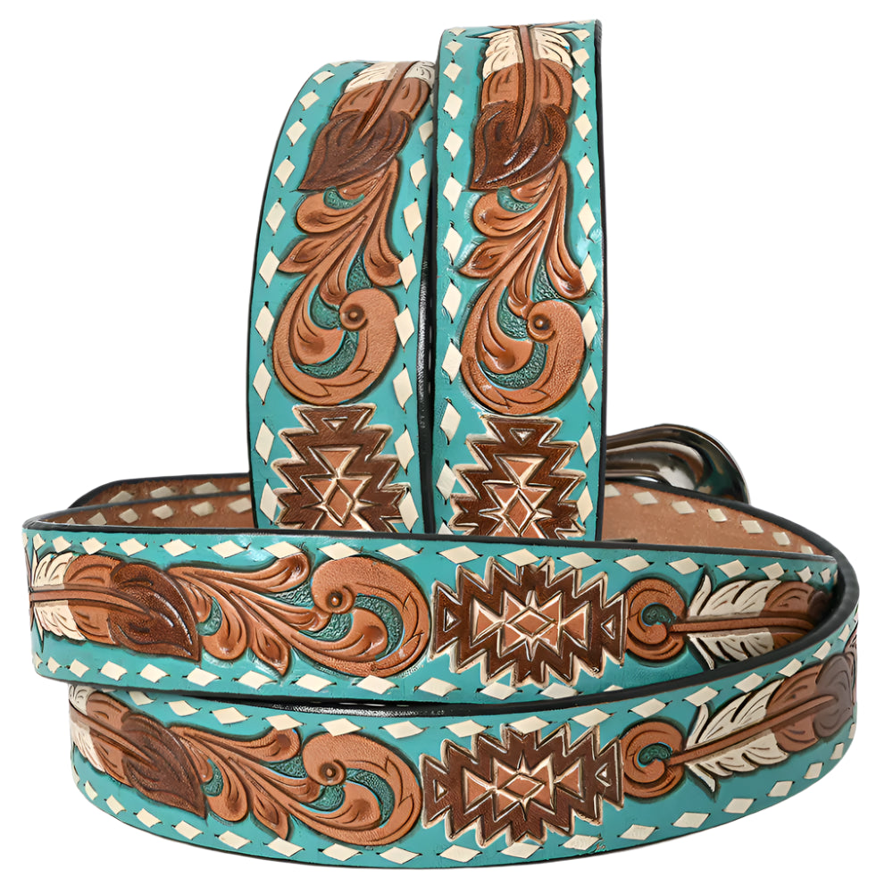 American Darling turquoise tooled leather western belt with intricate brown and white patterns on a white background