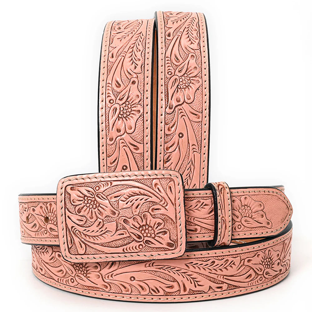 American Darling tooled western belt with floral patterns, primarily in a pink color, with a matching leather buckle.
