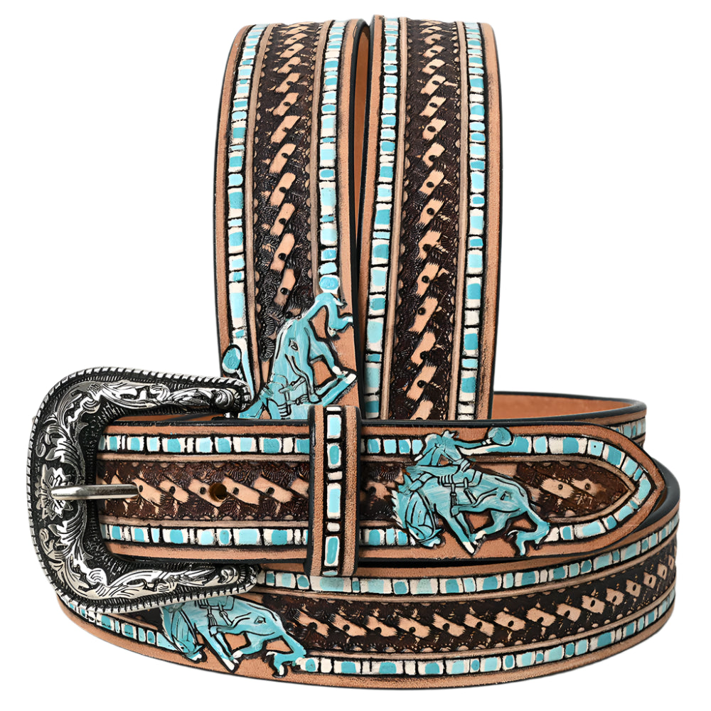 American Darling decorative western leather belt with turquoise inlay and horse design on a white background