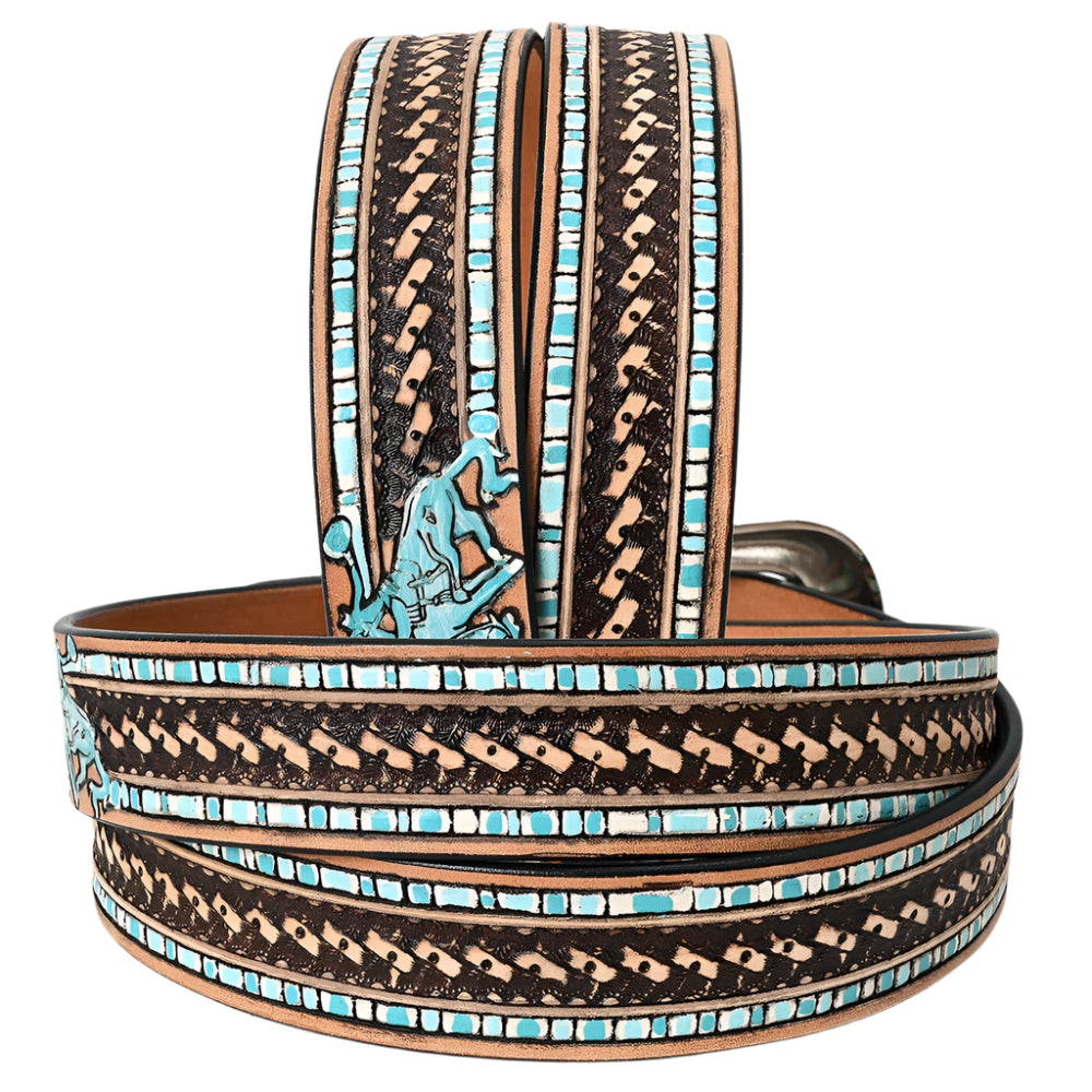 American Darling decorative western leather belt with turquoise inlay and horse design on a white background