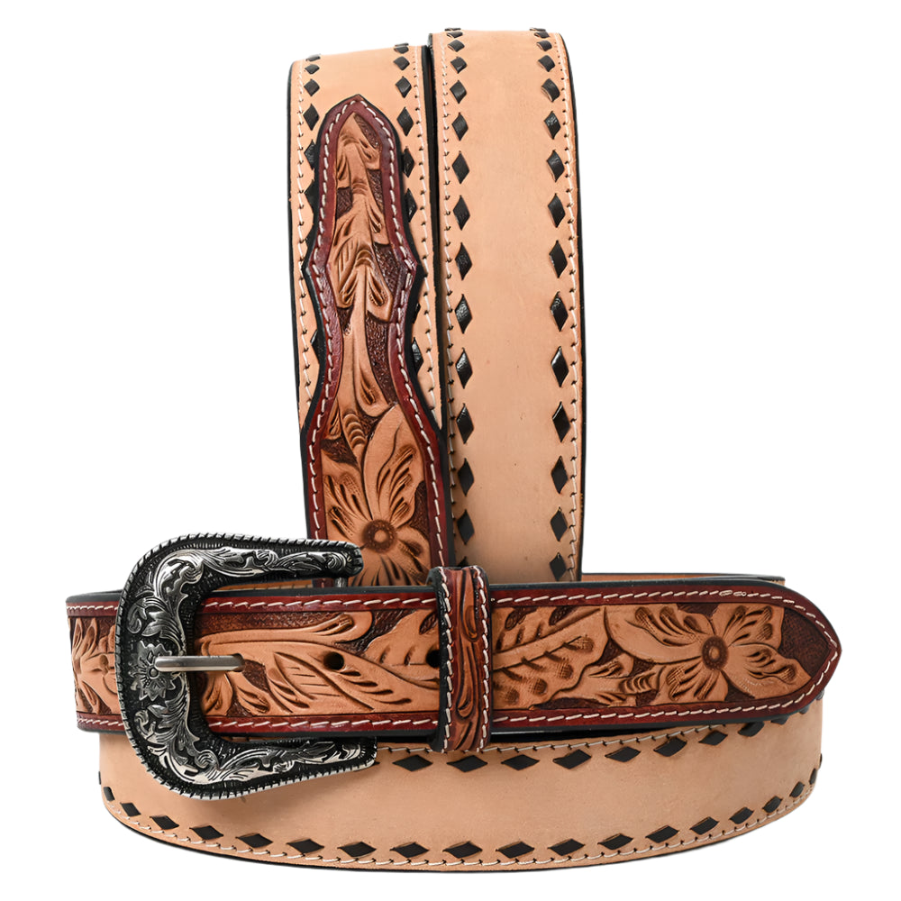 American Darling brown leather western belt with intricate floral patterns and a silver buckle on a white background