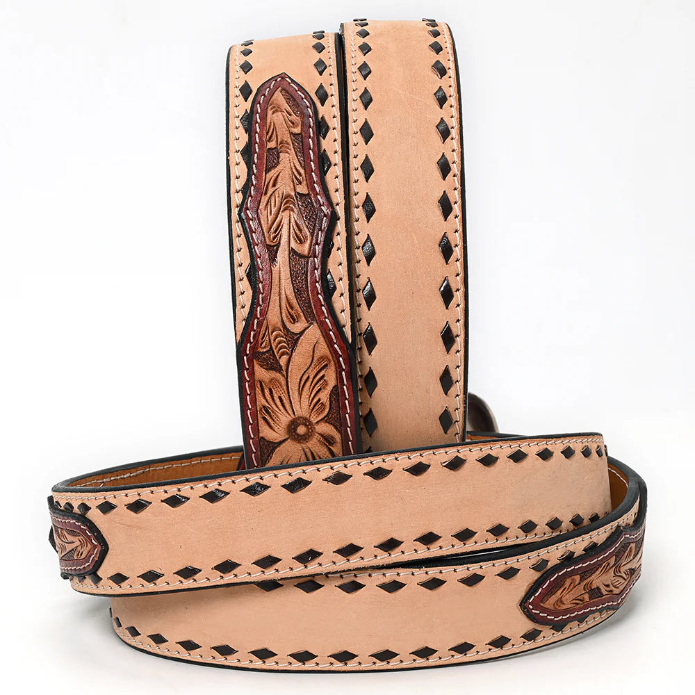 American Darling brown leather western belt with intricate floral patterns and a silver buckle on a white background