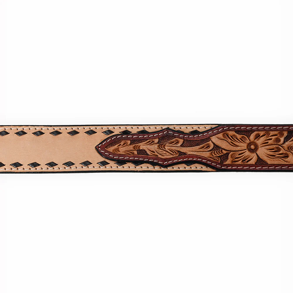 American Darling brown leather western belt with intricate floral patterns and a silver buckle on a white background