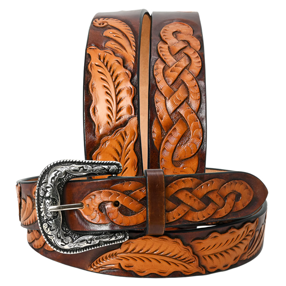 American Darling Brown leather western belt with intricate designs and a silver buckle on a white background
