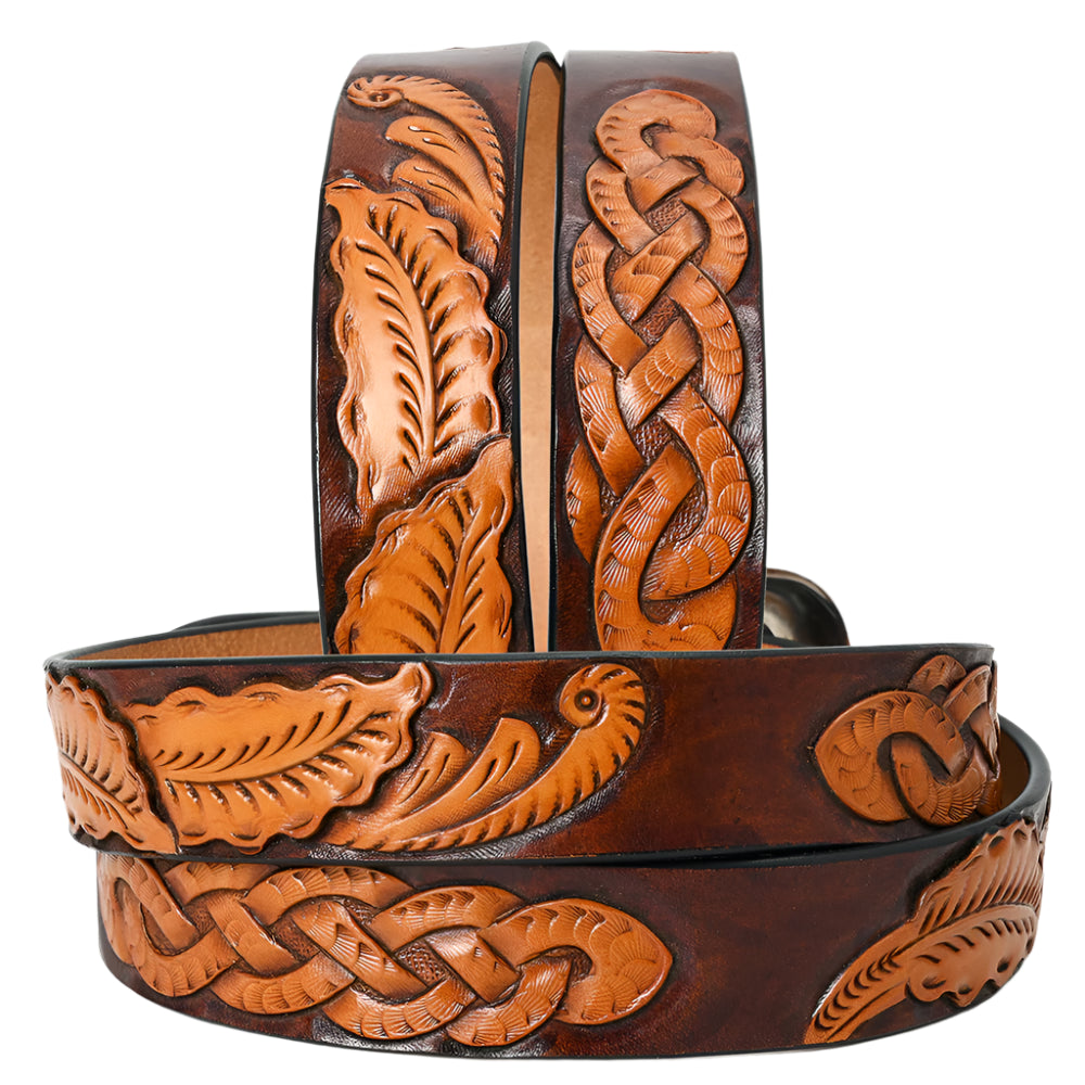 American Darling Brown leather western belt with intricate designs and a silver buckle on a white background