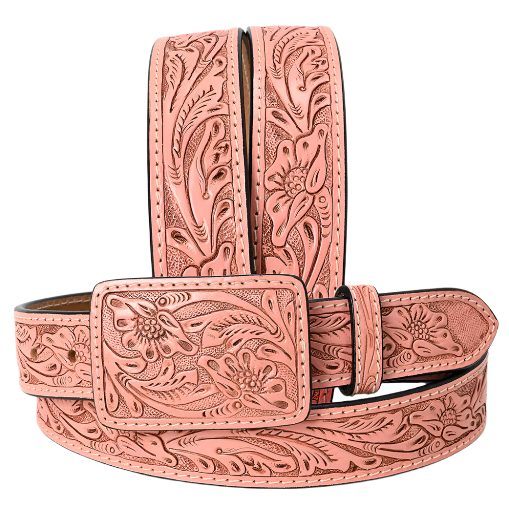 American Darling pink tooled leather western belt with a floral pattern and a matching pink buckle.